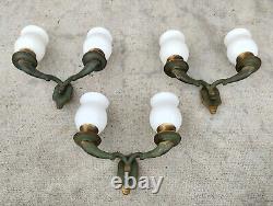 Lot 3 appliques art deco 2 bras lumière bronze /laiton patiné opaline light lamp