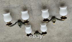 Lot 3 appliques art deco 2 bras lumière bronze /laiton patiné opaline light lamp