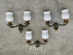 Lot 3 appliques art deco 2 bras lumière bronze /laiton patiné opaline light lamp