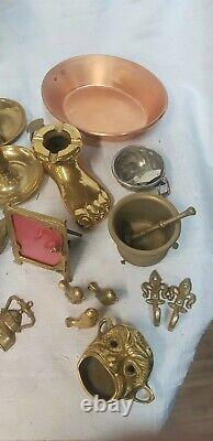 Lot 39 objets de brocantelaiton cuivre étain bronze/bougeoir, clairon, chandelier