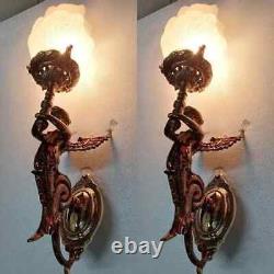 Lot De 2 Appliques Murales Vintage Art Deco Nouveau Laiton Sirène Luminaire