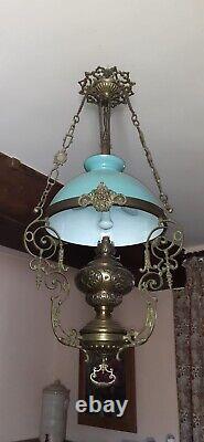 Lustre Bronze Dore Laiton Cuivre Opaline Style Louis XV Ancienne Lampe Petrole