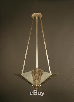 Lustre-suspension Art Déco En Bronze Et Laiton Vieil Argent, Verre Dépoli