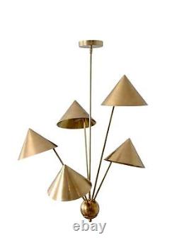 Moderne 5 bras lumière Art déco brut laiton lustre plafonnier cône fait à