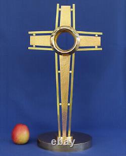 OSTENSOIR Monstrance Laiton et Cuivre Martelé 55cm Croix Eglise Art-Déco ca 1930