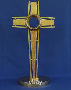 OSTENSOIR Monstrance Laiton et Cuivre Martelé 55cm Croix Eglise Art-Déco ca 1930