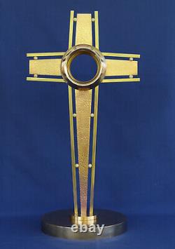 OSTENSOIR Monstrance Laiton et Cuivre Martelé 55cm Croix Eglise Art-Déco ca 1930