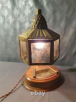 Originale lampe art déco 1930 en bois & laiton abat jour avec plaques en rhodoïd