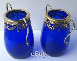 Paire 2 Empire Vases Verre en Laiton Bleu de Cobalt Um 1900 AL1494