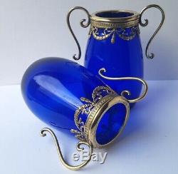 Paire 2 Empire Vases Verre en Laiton Bleu de Cobalt Um 1900 AL1494