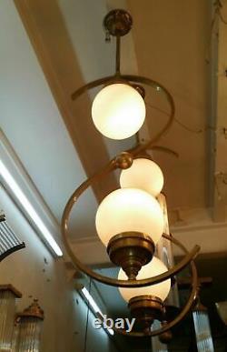 Paire Ancien Art Deco Bauhaus Luminaire Plafonnier Laiton Suspendu Lampe