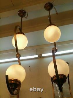 Paire Ancien Art Deco Bauhaus Luminaire Plafonnier Laiton Suspendu Lampe