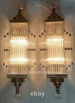 Paire Ancien Art Deco Nickel Laiton & Glass Rod Lumiere Appliques murale Lampe