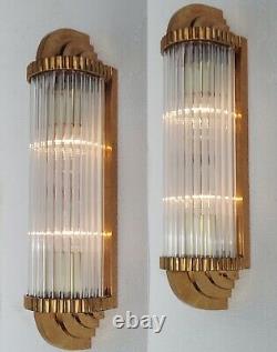 Paire Ancien Old Art Deco Laiton & Glass Rod Lumiere Appliques murale Lampe