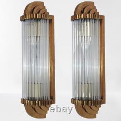 Paire Ancien Old Art Deco Laiton & Glass Rod Lumiere Appliques murale Lampe