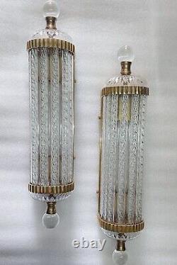 Paire Ancien Old Art Deco Laiton Ribbed Glass Rod Lumiere Appliques murale Lampe