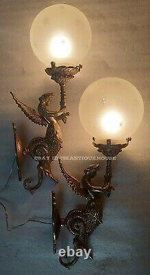 Paire Ancien Old Art Deco Nouveau Laiton & Glass Lumiere Appliques murale Lampe