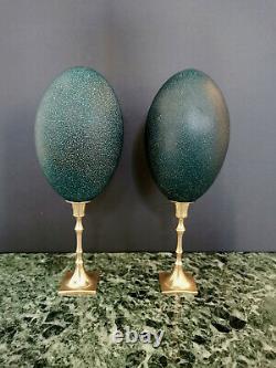 Paire d'Oeufs d'Émeu, Socles Laiton (Début XXè) / Emu Eggs Pair, Brass bases