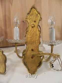 Paire d appliques anciennes bronze laiton doré pampille cristal baccarat artdeco