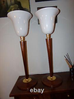 Paire de 2 Belles lampes art déco MAZDA ou autre ACAJOU ET LAITON bois massif en