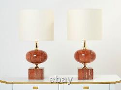 Paire de lampes en travertin rouge et laiton de Philippe barbier 1970s