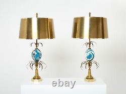 Paire de lampes laiton oeuf dautruche bleu Maison Charles 1960