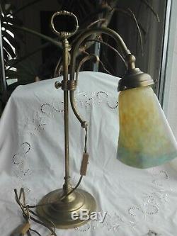 Pied lampe laiton et tulipe Muller pâte de verre nuagé Art Déco Art Nouveau