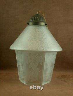 Plafonnier Lanterne Suspension Art Deco 1920 Verrerie Decor Gravé A L'acide
