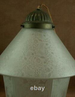 Plafonnier Lanterne Suspension Art Deco 1920 Verrerie Decor Gravé A L'acide