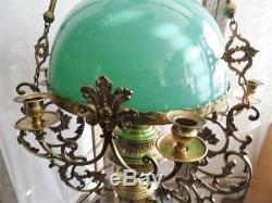 Plafonnier Suspension Lustre Bronze Dore Laiton Cuivre Opaline Style Louis XV
