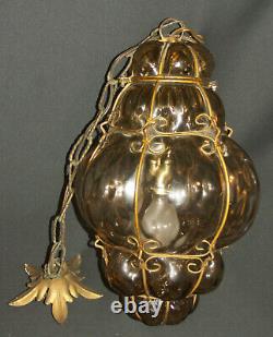 R 1930 grand lustre lampe plafonnier art deco laiton et verre fumé doré très chi