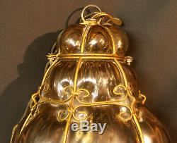 R 1930 grand lustre lampe plafonnier art deco laiton et verre fumé doré très chi