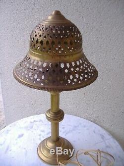 Rare Lampe Laiton & Cuivre Chapeau Coloniale