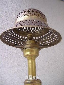 Rare Lampe Laiton & Cuivre Chapeau Coloniale