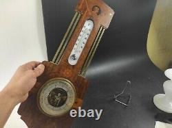 Splendide baromètre art deco à thermomètre, années 30, marqueté, acajou laiton