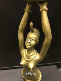 Statuette statue bougeoir chandelier Laiton doré l'Africaine-Nu Art déco RARE #2