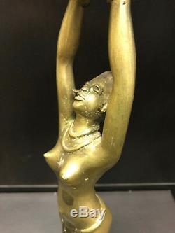 Statuette statue bougeoir chandelier Laiton doré l'Africaine-Nu Art déco RARE #3