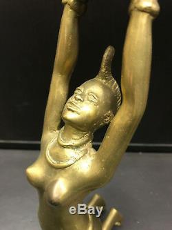 Statuette statue bougeoir chandelier Laiton doré l'Africaine-Nu Art déco RARE #4