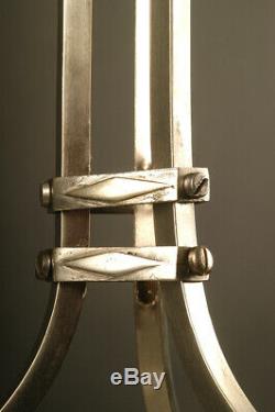 Suspension Art Deco En Bronze Et Laiton Vieil Argent, Vasque Verre Moulé-pressé