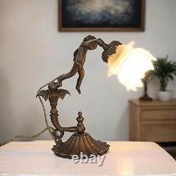 Tischleuchte Lampe en Laiton Verre Main Déco Chérubin Art Nouveau Premium