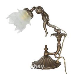 Tischleuchte Lampe en Laiton Verre Main Déco Chérubin Art Nouveau Premium