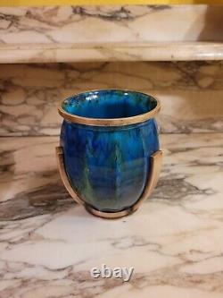 Vase en céramique bleu et vert art déco monture en laiton paul millet sèvres