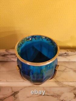Vase en céramique bleu et vert art déco monture en laiton paul millet sèvres