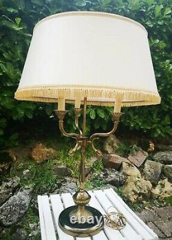 Vintage Grande Lampe À Poser Pied Laiton Motif Poisson 3 Feux H. 78 Cm