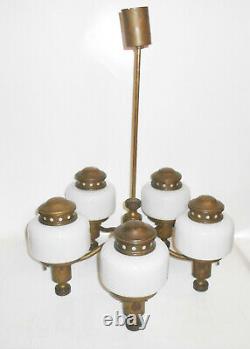 Vintage en Laiton Plafonnier Lampe à Suspension 5armig Verre Déco Avant 1945
